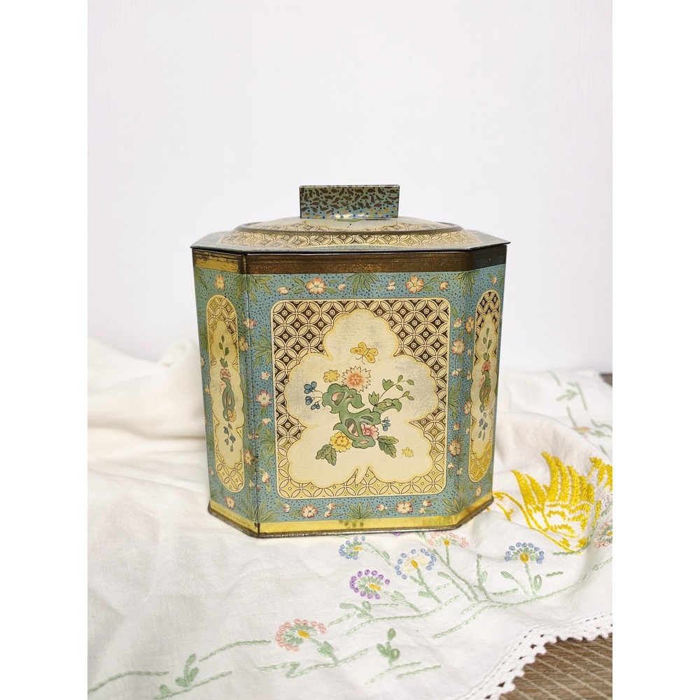 Vintage Baret Ware Floral Biscuit Tin, Gold and‎ Teal Stash Box
